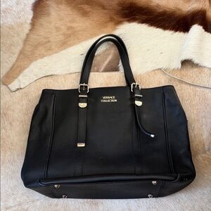 Versace Collection Black Leather Tote with Gold Hardware
